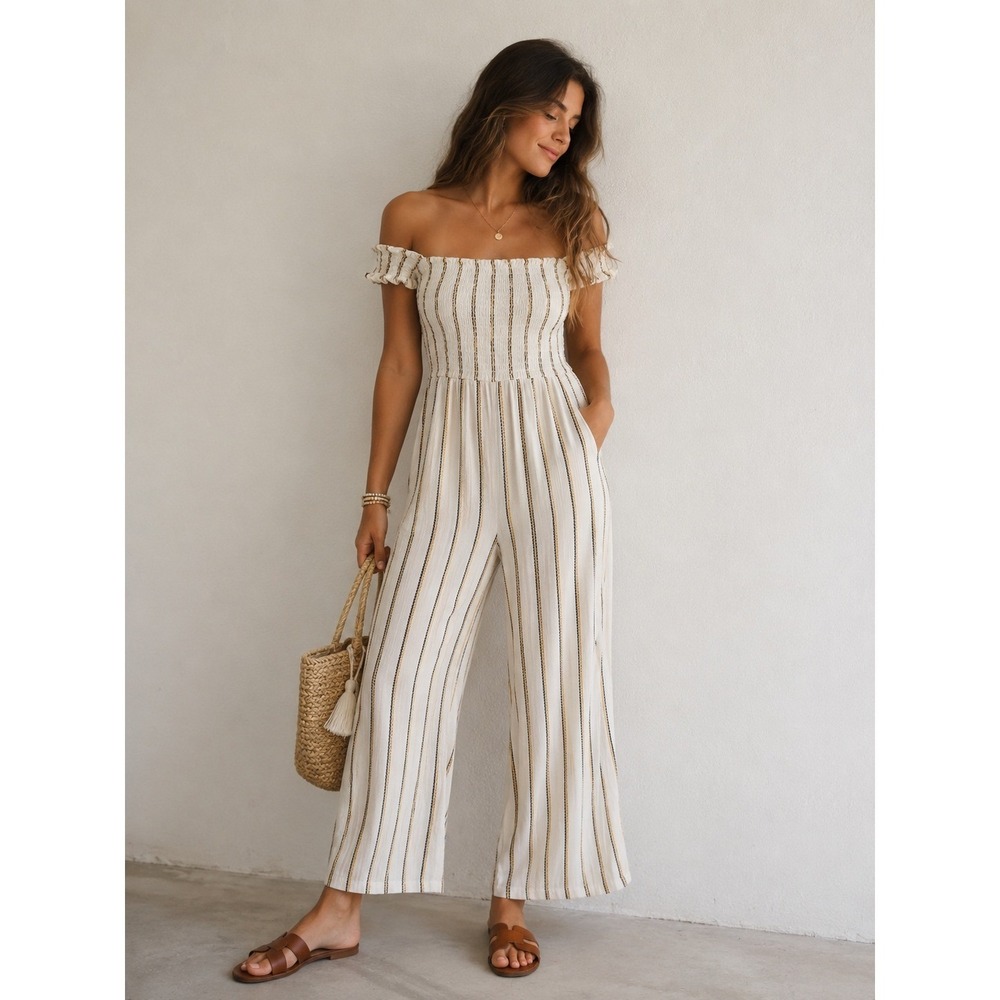For Justify Ivory Striped Smocked Off Shoulder Jumpsuit Large Boho Coastal